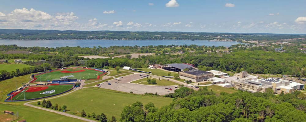 FLCC main campus with Canandaigua lake in the background, viewed from above.