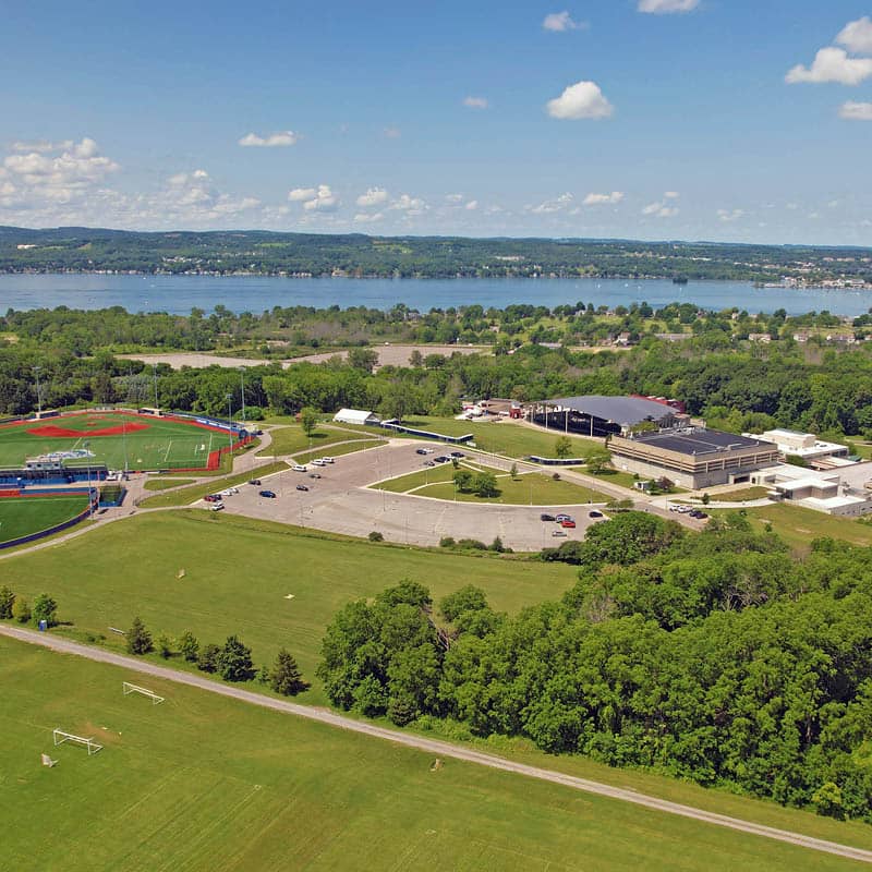 An aerial view of FLCC, our althetic fields and nearby Canandaigua Lake.