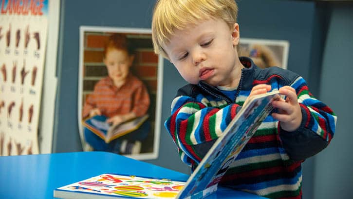 A toddler reading a board book.