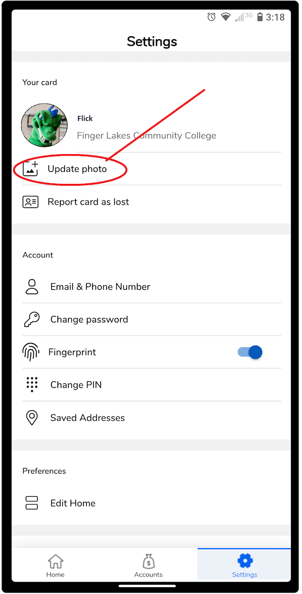 location of Update photo option on Settings screen