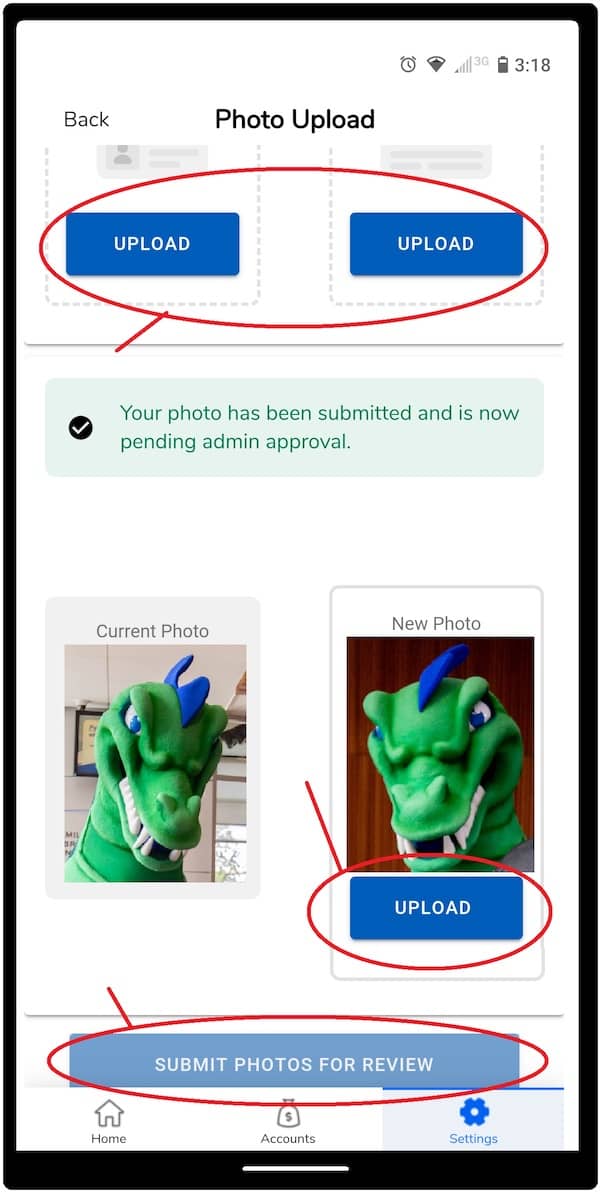 Upload and Submit options on Photo Upload screen