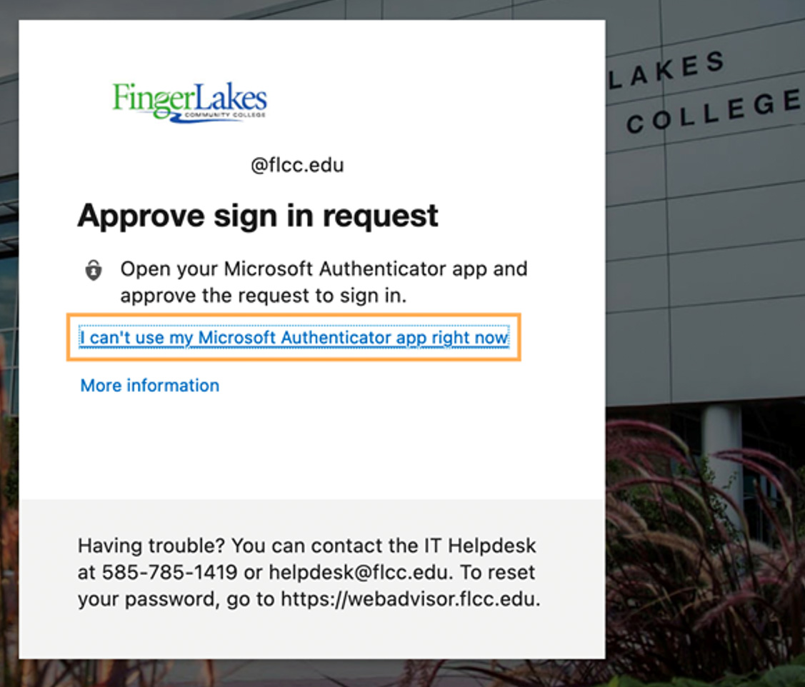 example sign-in panel with I can't use my Microsoft Authenticator app right now link