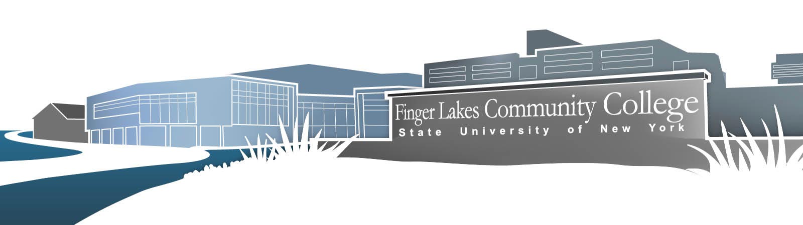 illustration of the main building at the Canandaigua campus. The Finger Lakes Community College, State University of New York sign in foreground