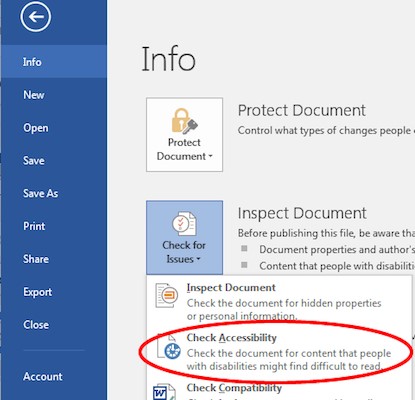 Steps for accessing the accessibility checker in Microsoft Office.